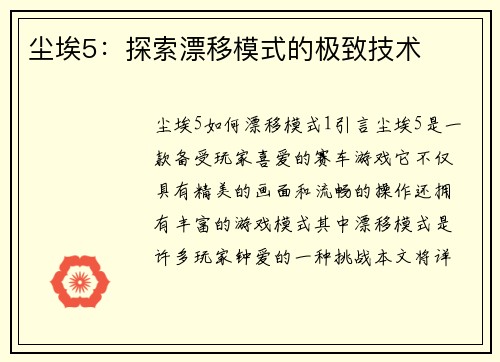 尘埃5：探索漂移模式的极致技术